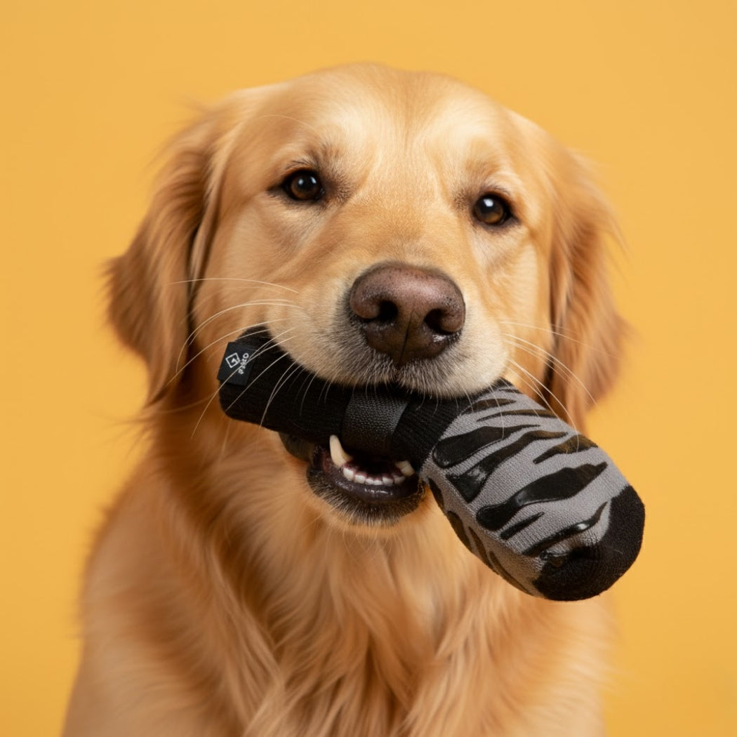 Chien tenant une chaussette TigerToes dans la gueule, fond jaune