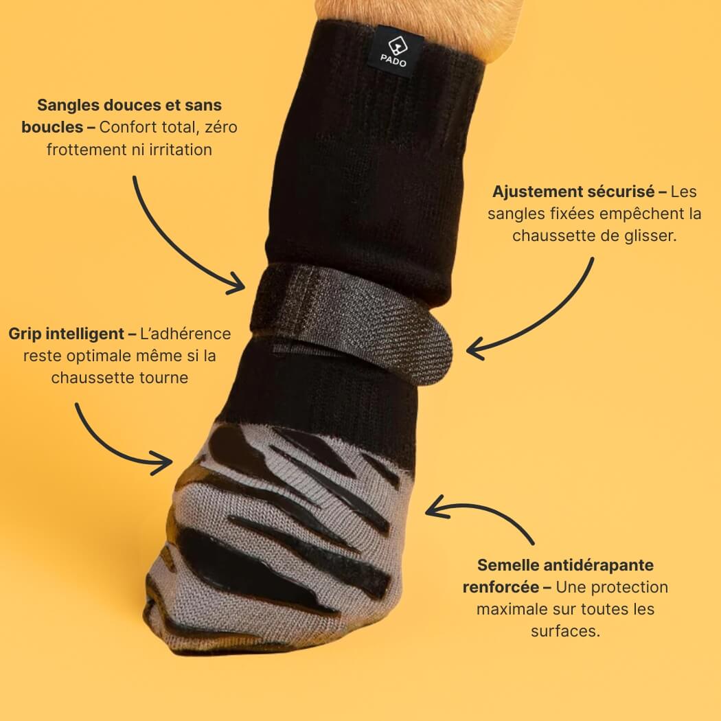 Gros plan sur la chaussette antidérapante TigerToes avec sangles et semelle grip, explications des caractéristiques